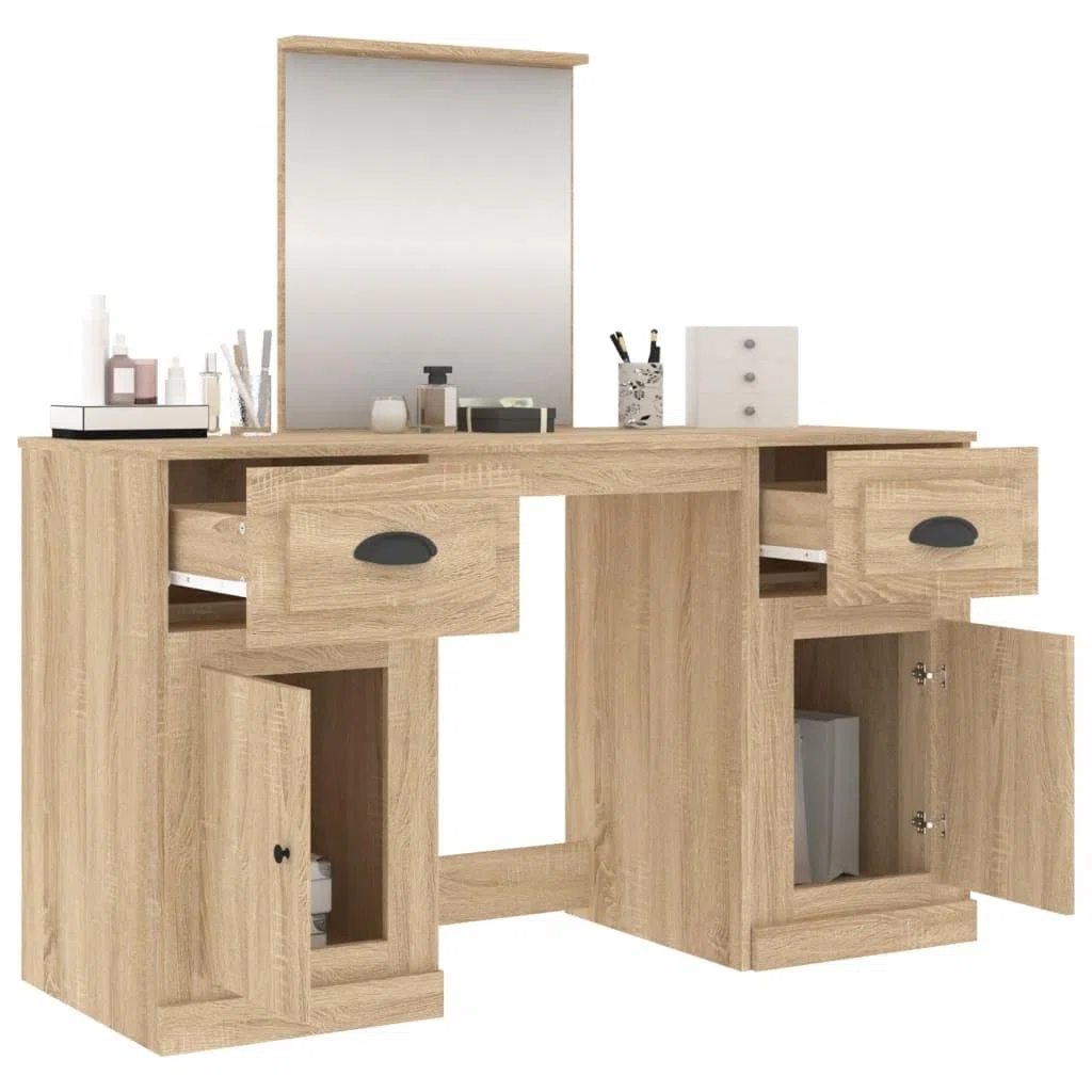 Schminktisch mit Spiegel Sonoma-Eiche 130x50x132,5 cm Holzwerkstoff Make-up Tisch Kosmetiktisch mit Stauraum und Wandhalterung für Schlafzimmer, Bad, Studio, Salon