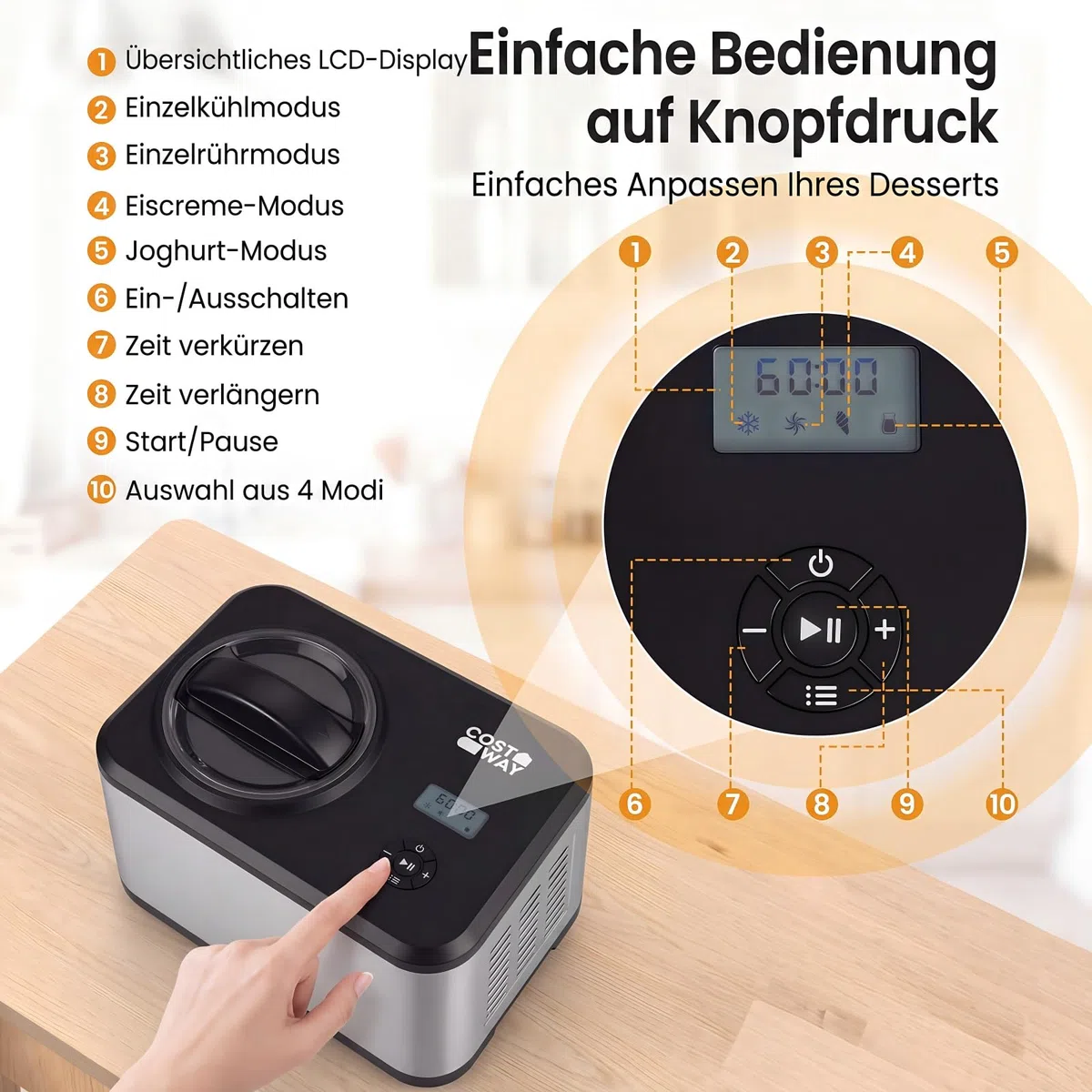 COSTWAY 2 in 1 Eismaschine mit Joghurtfunktion, Kompressor Eiscrememaschine 1,5 L für Eiscreme, Gelato & Joghurt, Icecream Maker mit LCD-Display, Timer & Rezeptheft