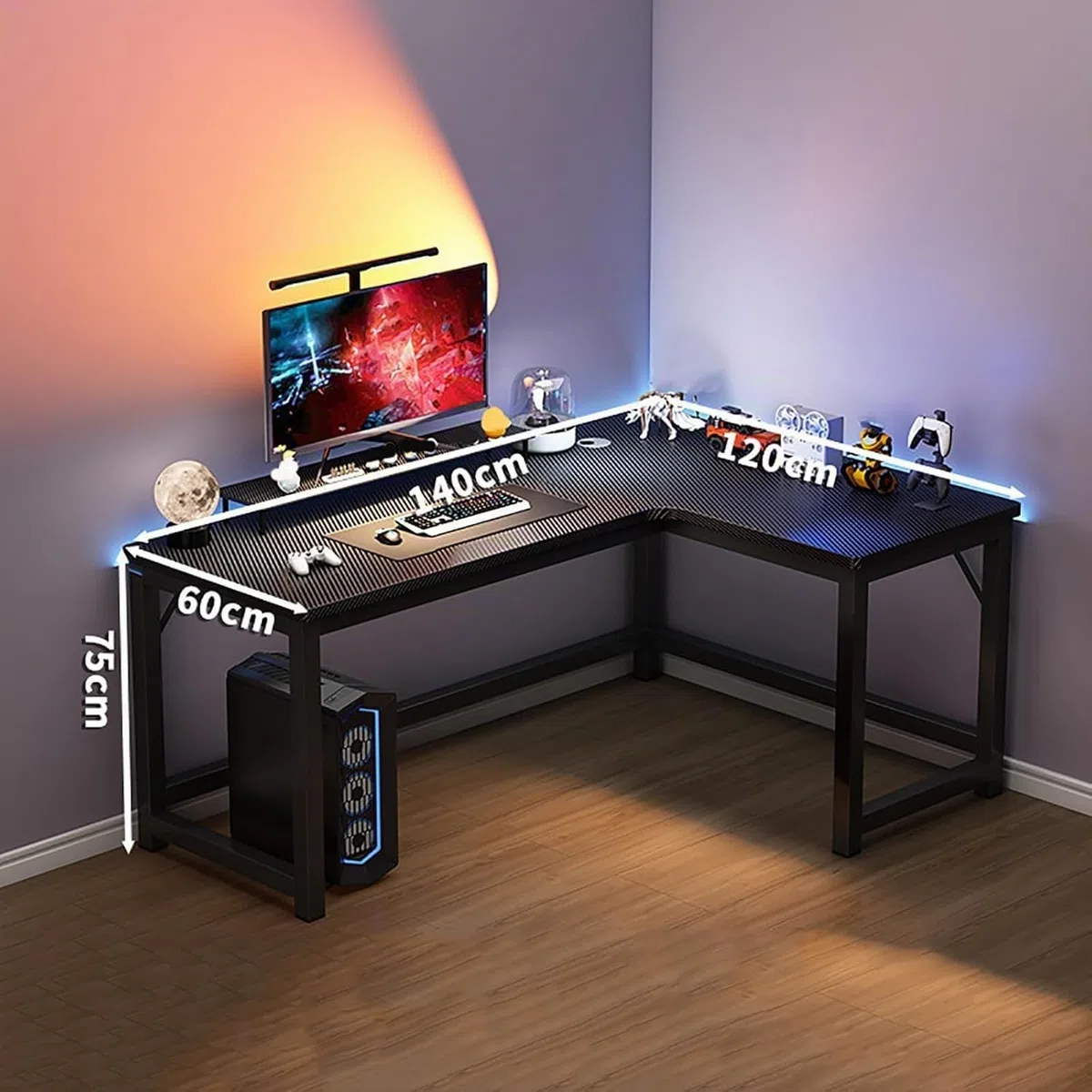 L-förmiger Computertisch, Eckschreibtisch, Home-Studiertisch, Schreibtisch mit einer Tragkraft von 200 kg und einem Drahtlochdesign, geeignet für Home-Office, Schlafzimmer, Wohnzimmer Black,140*120