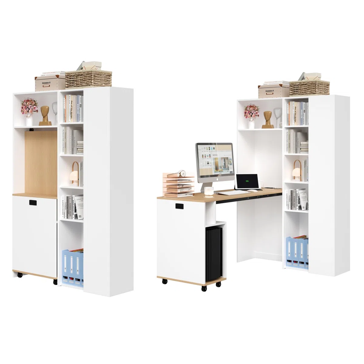 Klappbarer Schreibtisch mit Ablagen –2-in-1-Bücherregal und Schreibtisch, klappbar, mit Steckdose und USB-Anschluss, höhenverstellbare Ablagen, Kippschutz, weiß-Schreibtisch,Eck-Schreibtisch-rechts