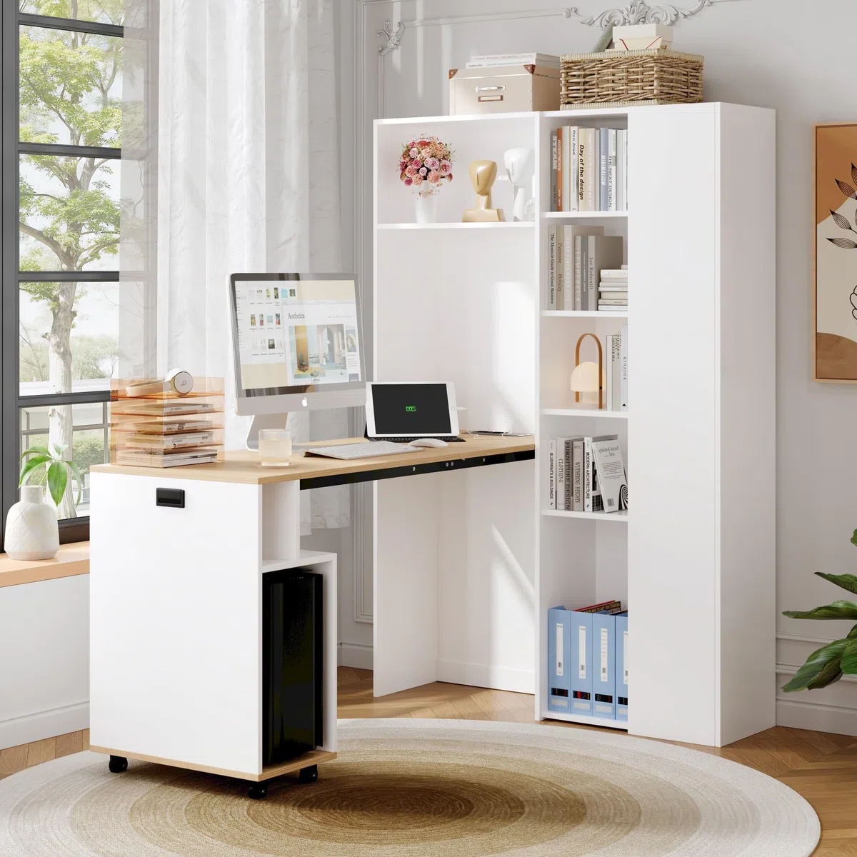 Klappbarer Schreibtisch mit Ablagen –2-in-1-Bücherregal und Schreibtisch, klappbar, mit Steckdose und USB-Anschluss, höhenverstellbare Ablagen, Kippschutz, weiß-Schreibtisch,Eck-Schreibtisch-rechts