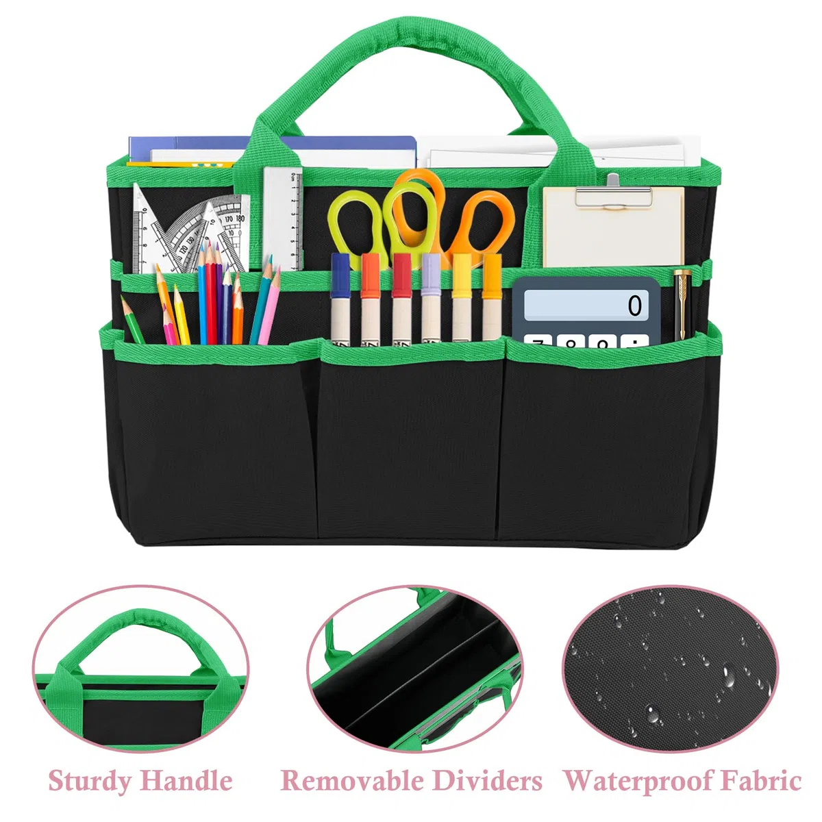 Basteltasche, Bastelorganizer Tragetasche, Handarbeitstasche Großer Kunstaufbewahrungs Caddy mit Externe Steckplätze, Stricktasche Unterwegs Nähtasche für Kunst Scrapbooking Bürobedarf (Schwarz+Grün)