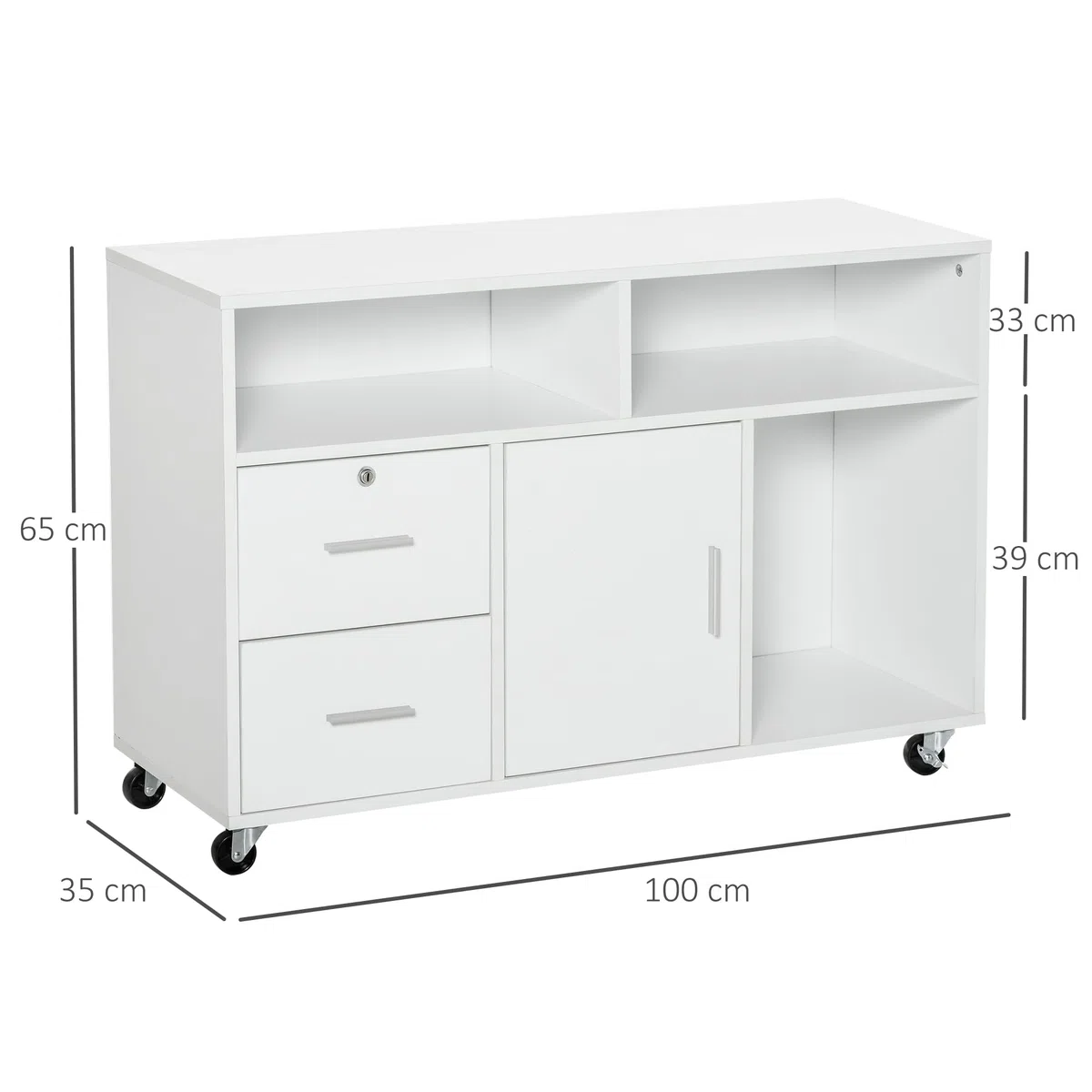 HOMCOM Bürocontainer mit Rollen, Aktenschrank, Büroschrank, Sideboard, Badezimmerschrank für Büro, Küche, Schlafzimmer, Wohnzimmer Spanplatte, Weiß, 100 x 35 x 65 cm