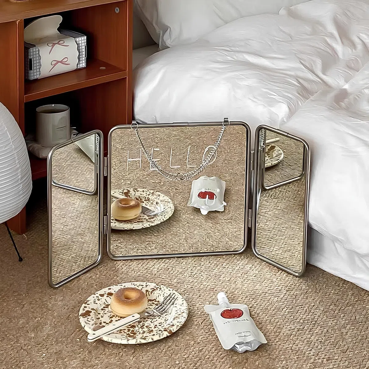 Dreifach Klappbarer Spiegel Aus Edelstahl Mit Kette, Montiert & Tisch Kosmetikspiegel, Für Schlafzimmer, Wohnzimmer, Badezimmer