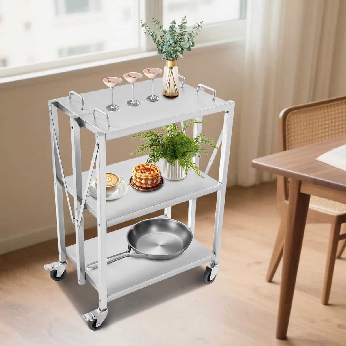 3 Borde Faltbarer Servierwagen, Klappbarer Küchenwagen, Küchenwagen aus Edelstahl, Hochbelastbare Edelstahlplatte, Hohe Tragfähigkeit kann in Küchen, Restaurants, Cafés, Bars 63x40x95 cm