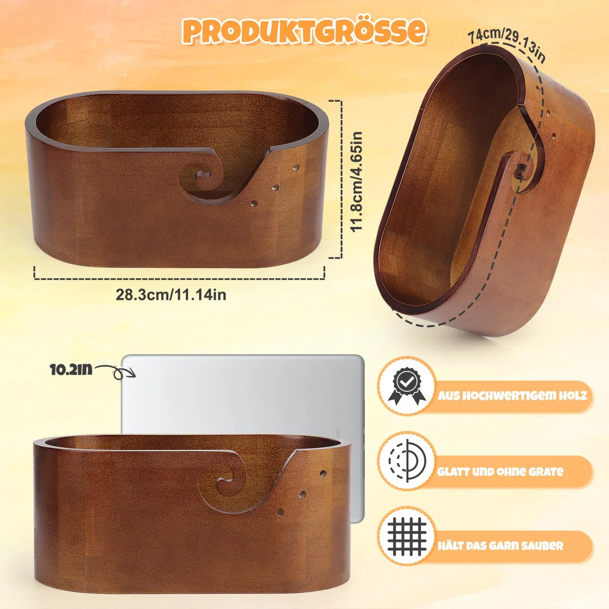 Coopay Elliptisch Garnschale mit Groß Kapazität, Supergroß Wollschüssel aus Holz, Handgefertigt Holz Strickschale für Wolle, Glatte Holzgarnschale für Häkel- und Strickprojekt, 28,5x15,5x15cm