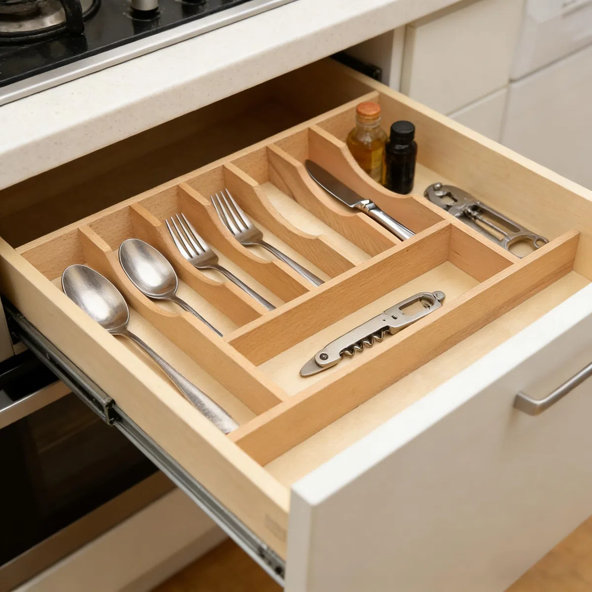 Besteck-Schubladen-Organizer – zuschneidbar mit verstellbaren Trennwänden für die Aufbewahrung von Küchenutensilien, Buchenholzrahmen mit 11 Größen (Raster, 61 x 55,9 cm (B x T)
