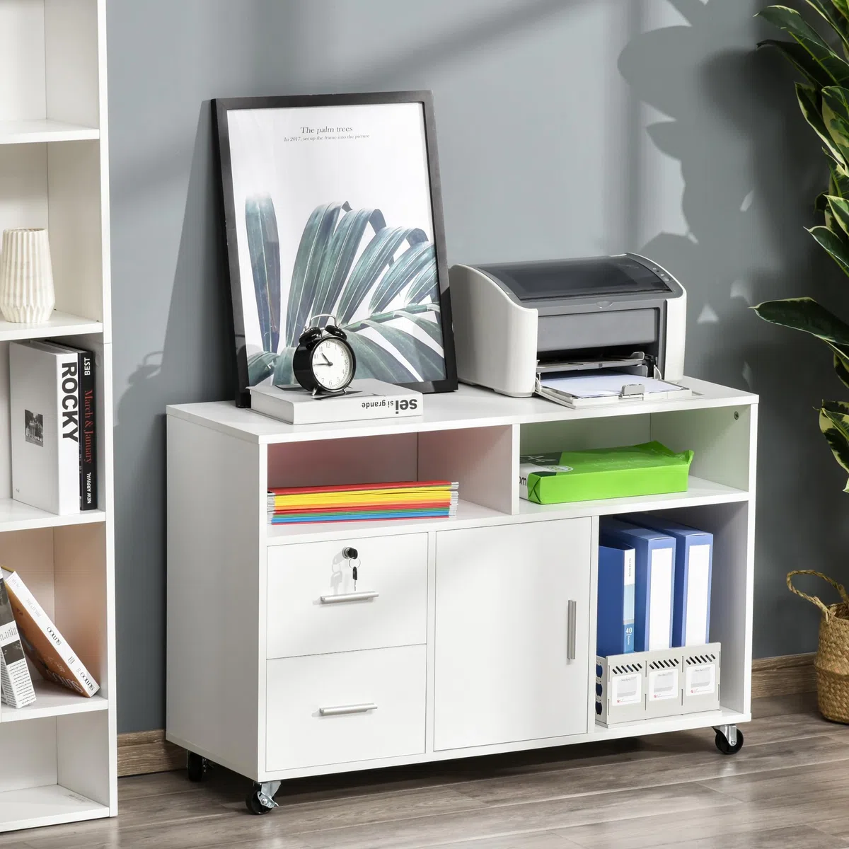 HOMCOM Bürocontainer mit Rollen, Aktenschrank, Büroschrank, Sideboard, Badezimmerschrank für Büro, Küche, Schlafzimmer, Wohnzimmer Spanplatte, Weiß, 100 x 35 x 65 cm
