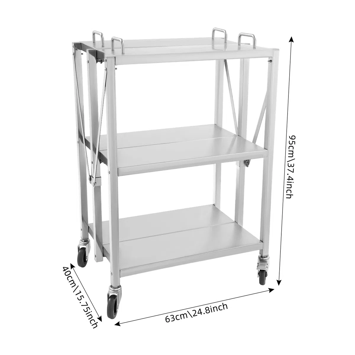 3 Borde Faltbarer Servierwagen, Klappbarer Küchenwagen, Küchenwagen aus Edelstahl, Hochbelastbare Edelstahlplatte, Hohe Tragfähigkeit kann in Küchen, Restaurants, Cafés, Bars 63x40x95 cm