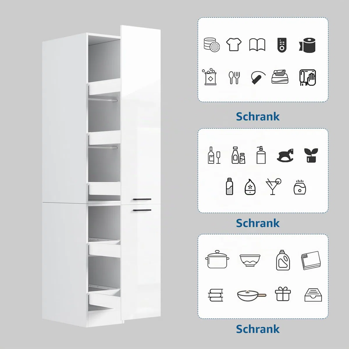 MSFE Küchenschrank Hochschrank mit Auszug, Schmal Apothekerschrank küche 30 cm breit, Schmaler Mehrzweckschrank, für Küche, Wohnzimmer, Esszimmer, Bad, 207 * 56 * 30cm, Hochglanzweiß