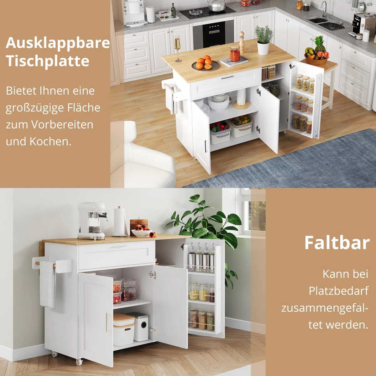 Kücheninselwagen mit abklappbarer Arbeitsplatte, Küchenschrank auf Rollen mit Schublade & Gewürzregal & 3 Türen, bewegliche Kücheninsel, für Küche und Esszimmer, 132.5x44(70) x90 cm (Weiß)