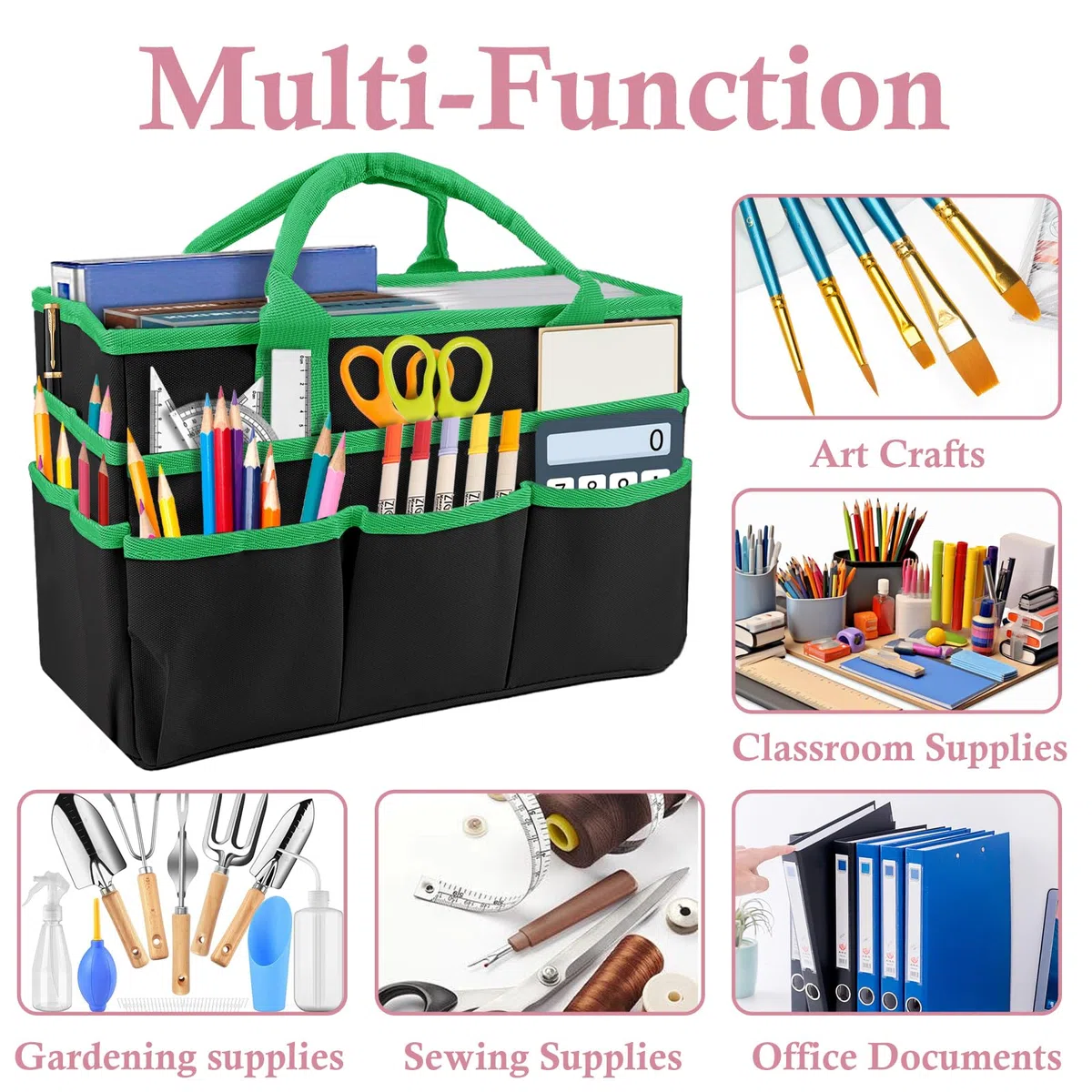 Basteltasche, Bastelorganizer Tragetasche, Handarbeitstasche Großer Kunstaufbewahrungs Caddy mit Externe Steckplätze, Stricktasche Unterwegs Nähtasche für Kunst Scrapbooking Bürobedarf (Schwarz+Grün)