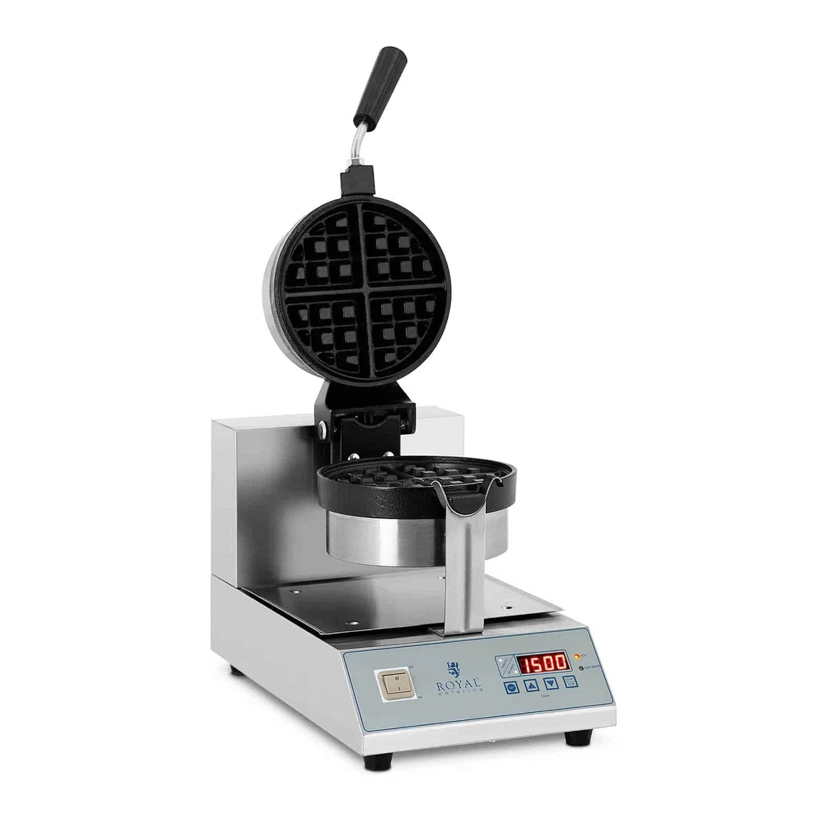 Royal Catering RCWM-1300-RE Waffeleisen Waffelgerät Waffelautomat Waffle Maker Belgische Waffel (Ø 18 cm, Drehbar, 1300 W, Timer 99 min, Edelstahlgehäuse), Schwarz