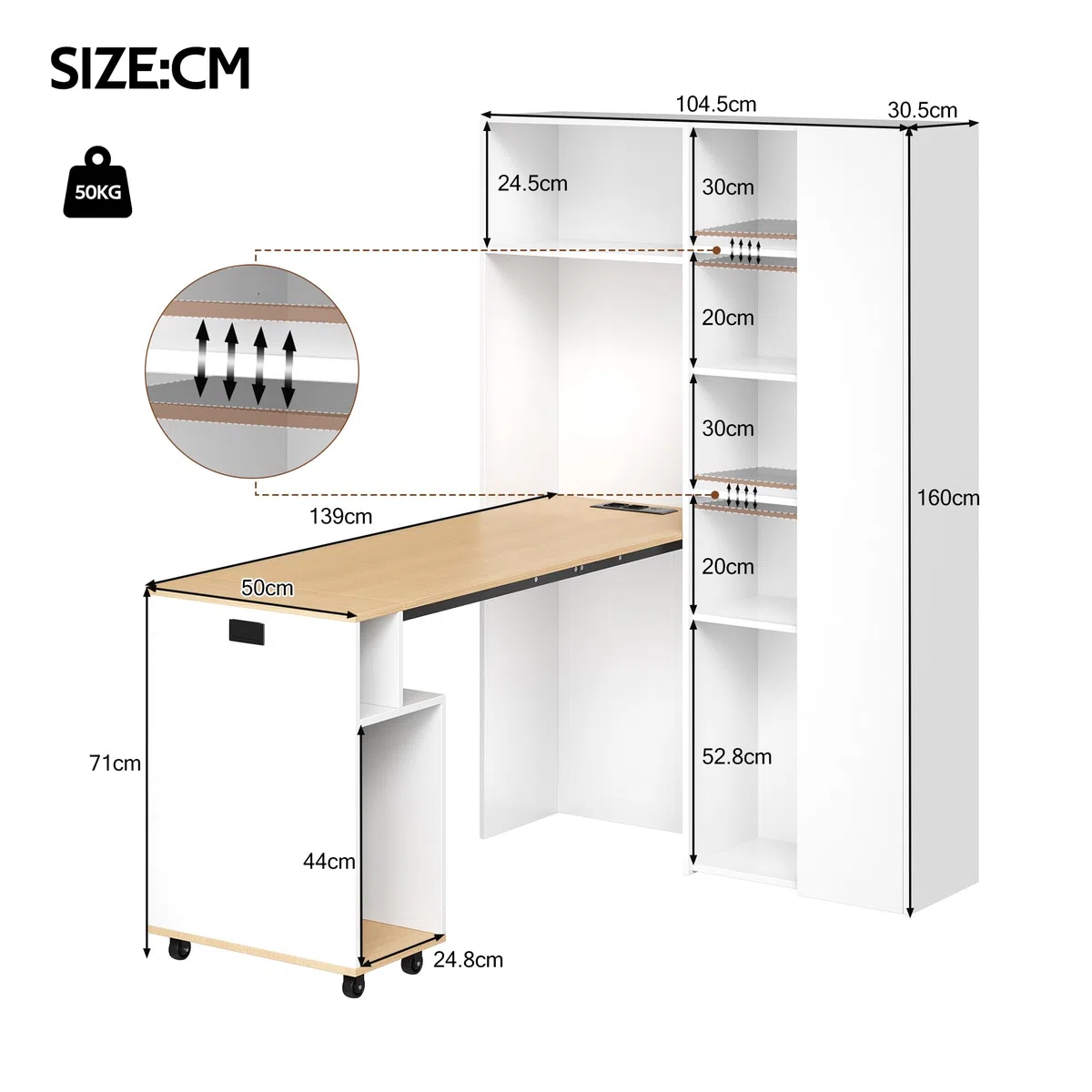 Klappbarer Schreibtisch mit Ablagen –2-in-1-Bücherregal und Schreibtisch, klappbar, mit Steckdose und USB-Anschluss, höhenverstellbare Ablagen, Kippschutz, weiß-Schreibtisch,Eck-Schreibtisch-rechts
