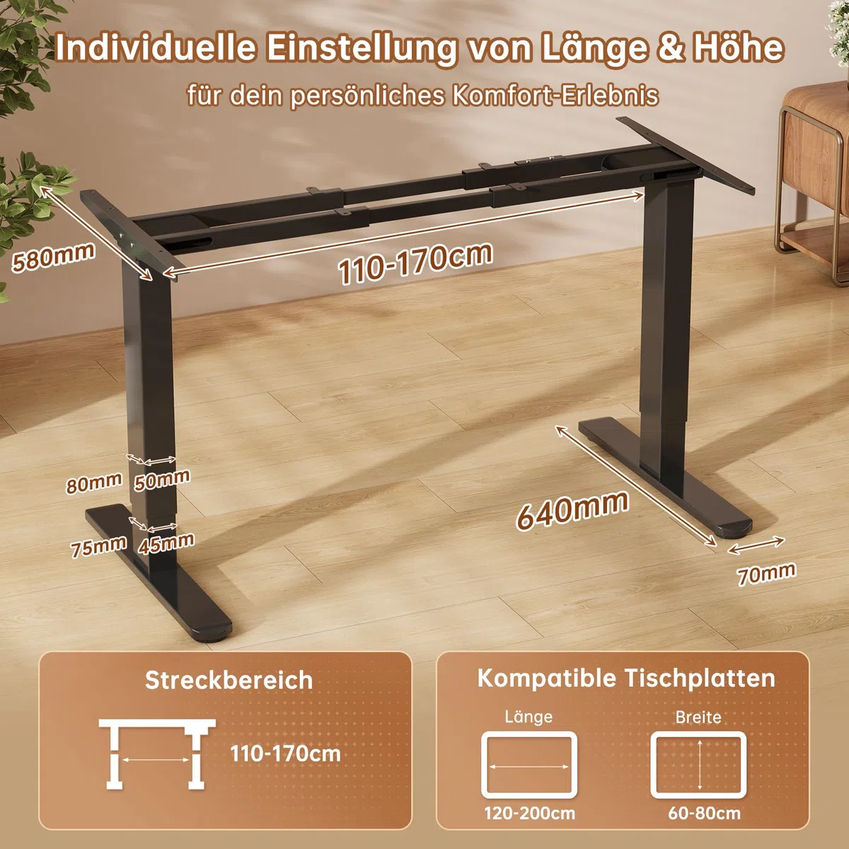 TRIUMPHKEY Höhenverstellbarer Schreibtisch Gestell mit 130KG Tragfähigkeit