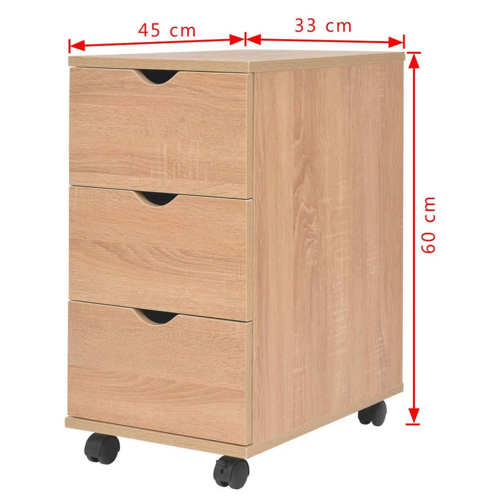 Rollcontainer mit 3 Schubladen Schubladenelement Eichen-Optik 33x45x60 cm Mobiler Büroschrank Beistellschrank auf Rollen für Arbeitszimmer Büro und Home-Office Holzwerkstoff