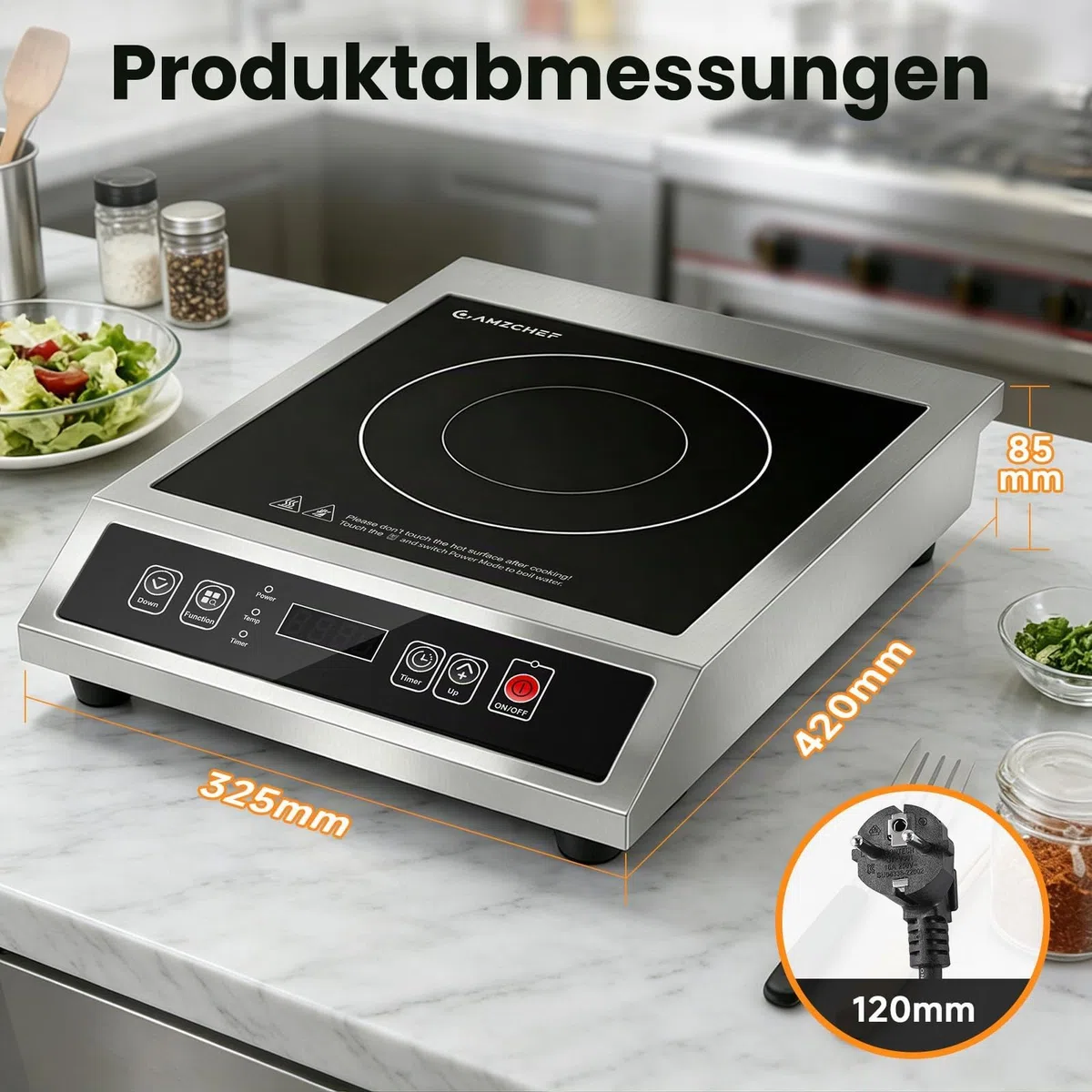 AMZCHEF Gewerbliches Induktionskochfeld 3500W, Induktionskochfeld 1 Platte, 21 Leistungs- & 20 Temperaturstufen, Edelstahlgehäuse, 10H-Timer, Geeignet für Professionelle Catering Küche Restaurant