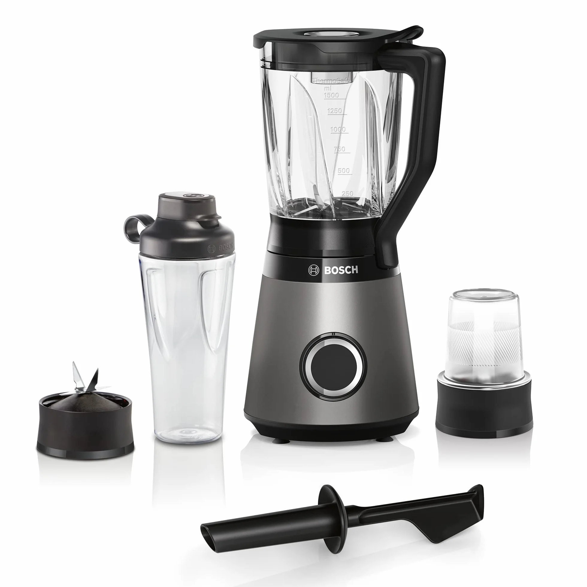 Bosch Standmixer VitaPower Serie 4 MMB6177S, Edelstahl-Klingen Made in Germany, 1,5l ThermoSafe Glasbehälter, 0,6l To-Go-Flasche, 30,000 U/min, 1200 W, silber & Bosch ToGo-Flasche MMZBT01B, 0,6 L
