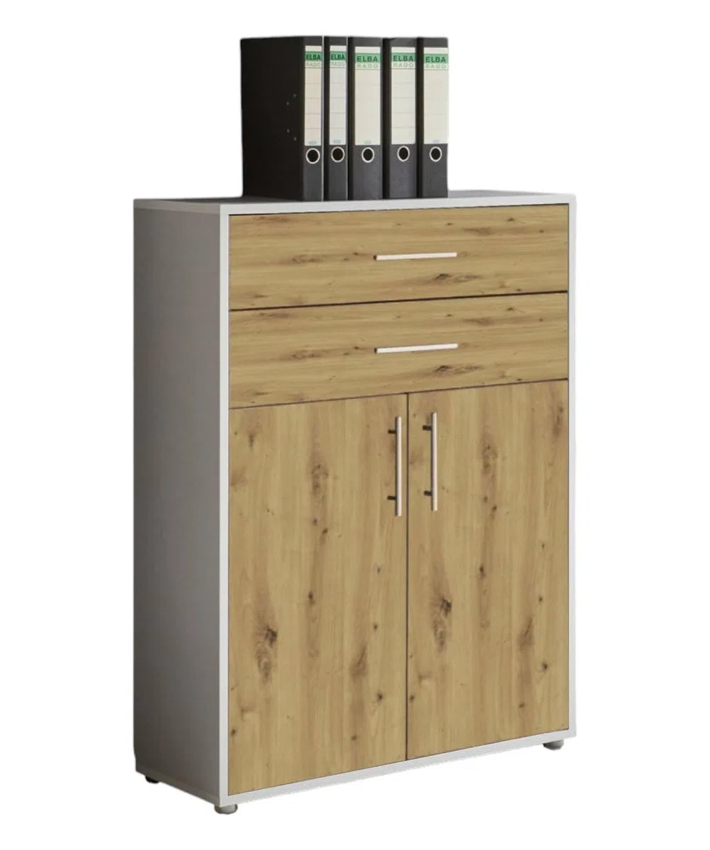 BMG Möbel Schubkastenschrank mit 2 Türen ideal für Büro & Arbeitszimmer wählbar aus 26 verschiedenen Farbkombinationen (Lichtgrau - Artisan Eiche)
