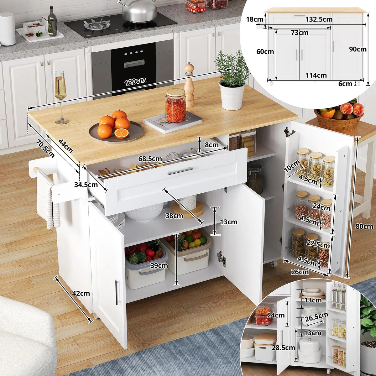 Kücheninselwagen mit abklappbarer Arbeitsplatte, Küchenschrank auf Rollen mit Schublade & Gewürzregal & 3 Türen, bewegliche Kücheninsel, für Küche und Esszimmer, 132.5x44(70) x90 cm (Weiß)