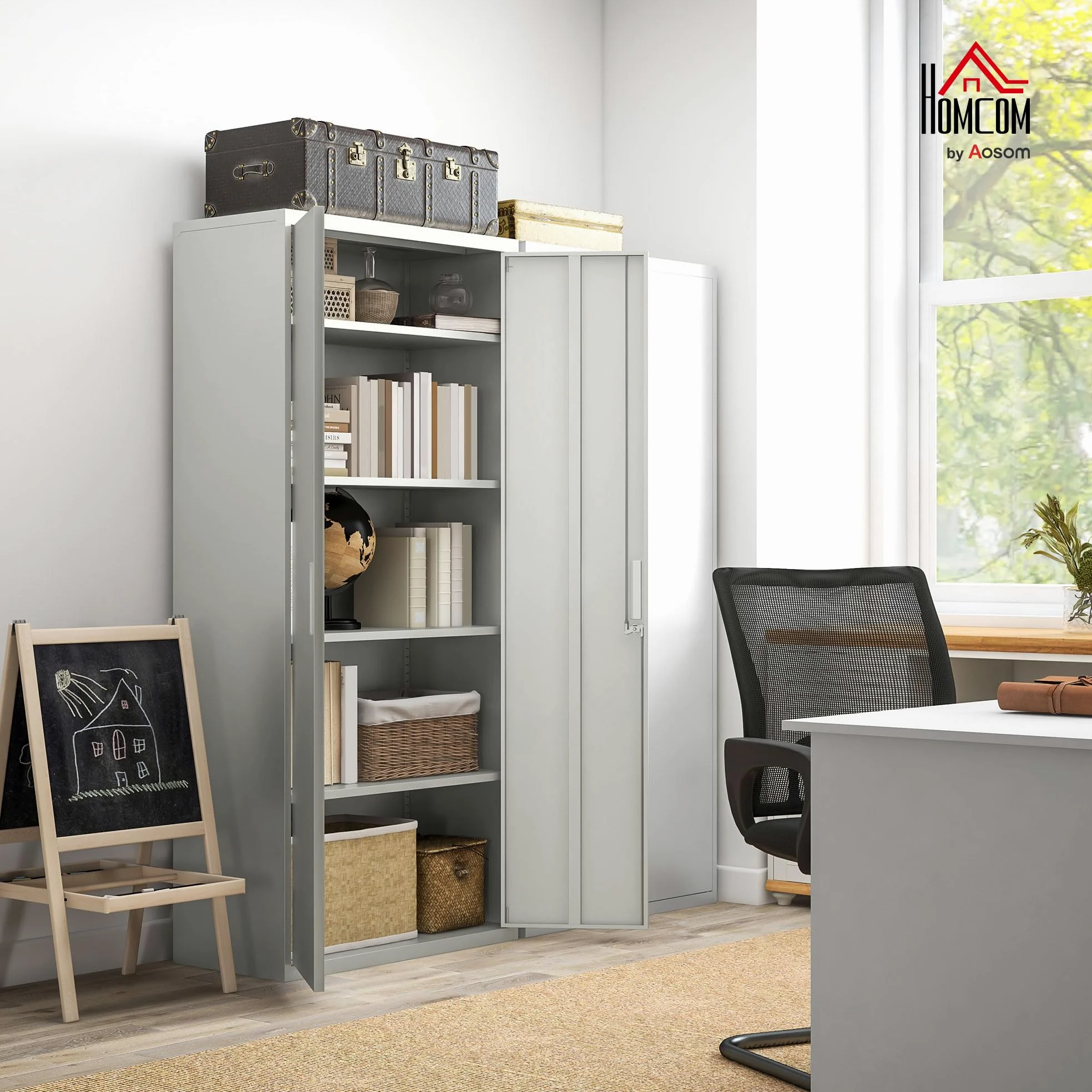 HOMCOM Aktenschrank, Büroschrank mit 2 Türen 5 Ebenen für Wohnzimmer Weiß