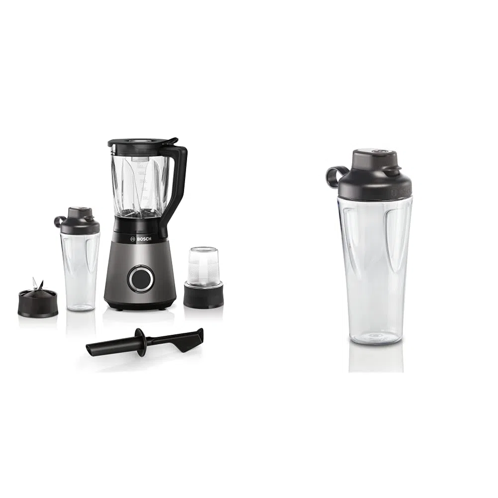 Bosch Standmixer VitaPower Serie 4 MMB6177S, Edelstahl-Klingen Made in Germany, 1,5l ThermoSafe Glasbehälter, 0,6l To-Go-Flasche, 30,000 U/min, 1200 W, silber & Bosch ToGo-Flasche MMZBT01B, 0,6 L