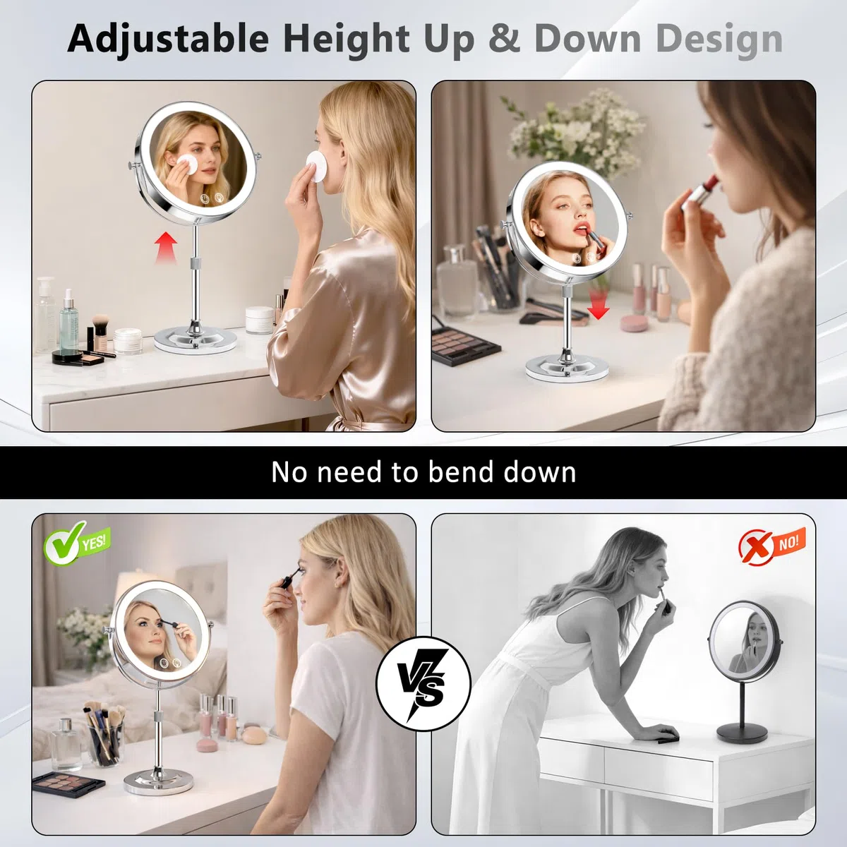 22,9 cm Make-up-Spiegel mit Lichtern, 5000 mAh wiederaufladbarer Kosmetikspiegel, 1 x 10 x doppelseitiger Vergrößerungsspiegel mit verstellbarer Höhe, 3 Farben, stufenloses Dimmen