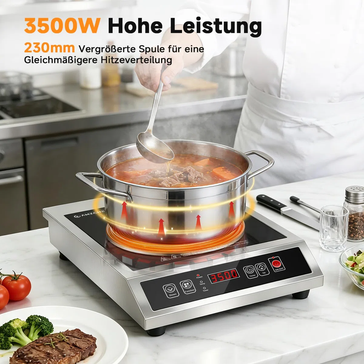 AMZCHEF Gewerbliches Induktionskochfeld 3500W, Induktionskochfeld 1 Platte, 21 Leistungs- & 20 Temperaturstufen, Edelstahlgehäuse, 10H-Timer, Geeignet für Professionelle Catering Küche Restaurant