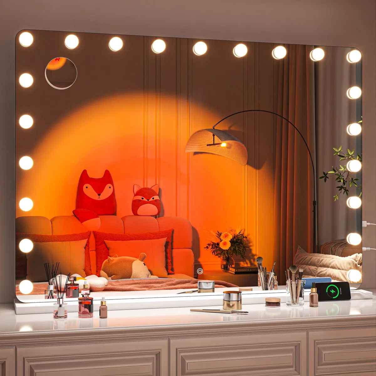 Hasipu Kosmetikspiegel mit Lichtern, 105 x 75 cm, Make-up-Spiegel mit Lichtern und Vergrößerung, Hollywood-Spiegel mit 3 Farbmodi, LED-Make-up-Spiegel, beleuchteter Spiegel mit USB