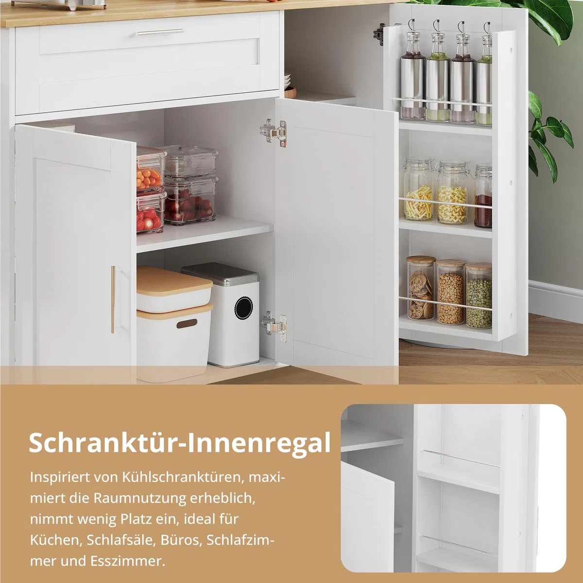 Kücheninselwagen mit abklappbarer Arbeitsplatte, Küchenschrank auf Rollen mit Schublade & Gewürzregal & 3 Türen, bewegliche Kücheninsel, für Küche und Esszimmer, 132.5x44(70) x90 cm (Weiß)
