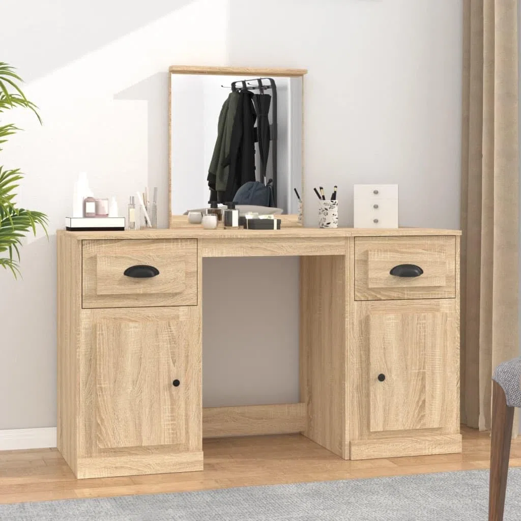 Schminktisch mit Spiegel Sonoma-Eiche 130x50x132,5 cm Holzwerkstoff Make-up Tisch Kosmetiktisch mit Stauraum und Wandhalterung für Schlafzimmer, Bad, Studio, Salon