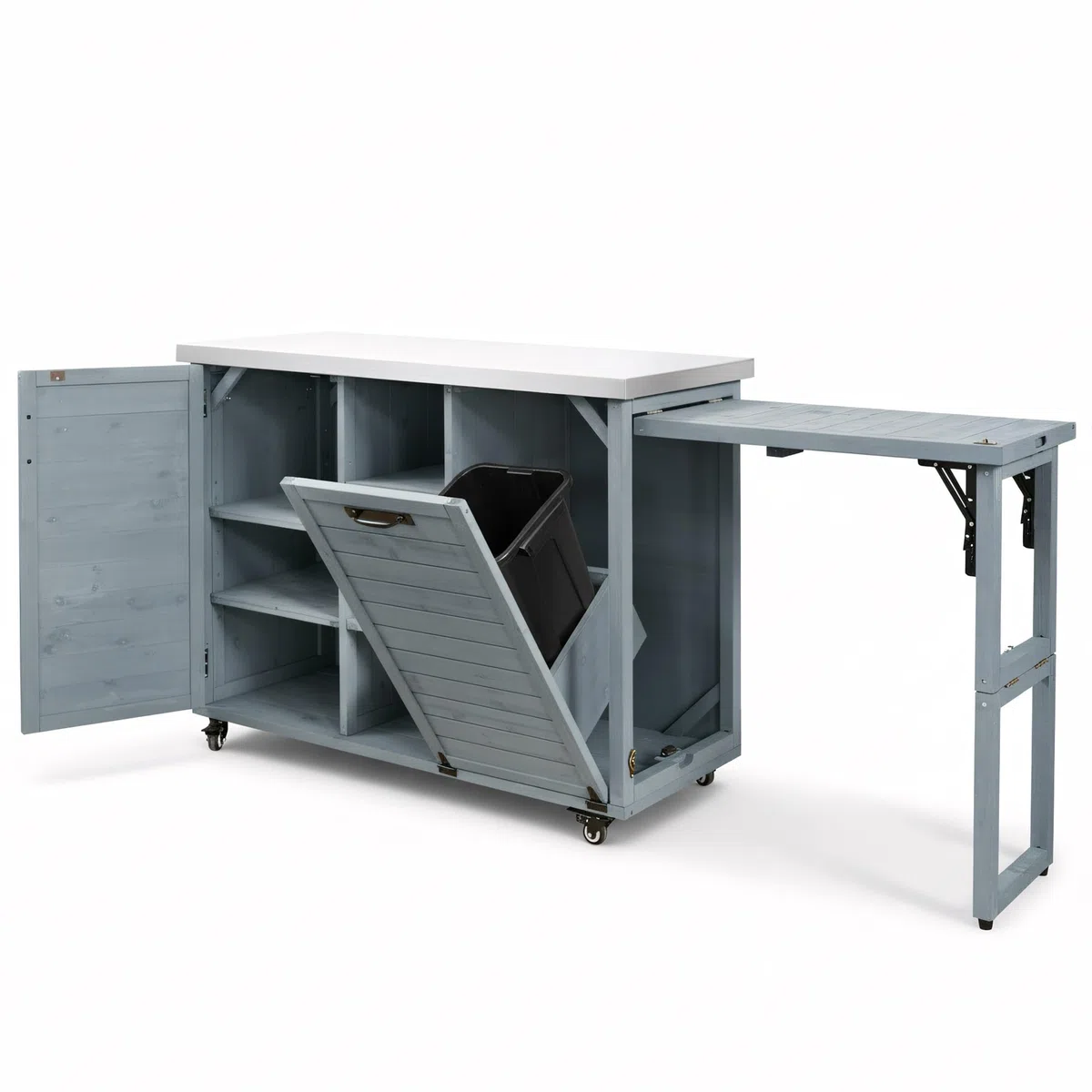 Faltbarer Grilltisch für den Außenbereich, 198,9 cm, tragbare Kücheninsel aus Holz mit Edelstahlplatte und Müllaufbewahrung, Barwagen für den Außenbereich, für Pizzaofen, Terrasse, Grillstation