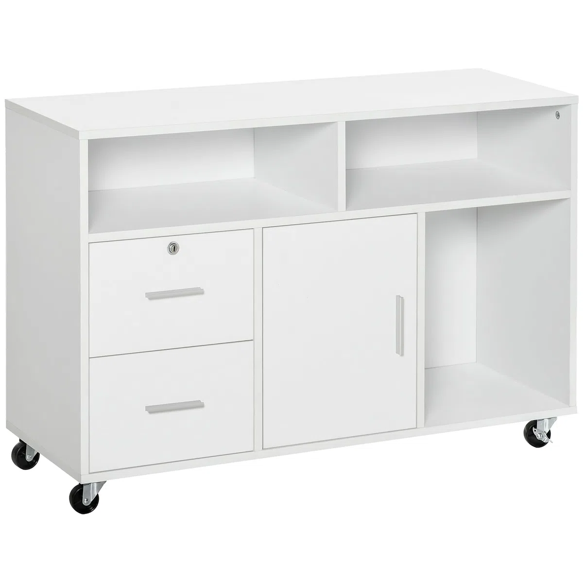 HOMCOM Bürocontainer mit Rollen, Aktenschrank, Büroschrank, Sideboard, Badezimmerschrank für Büro, Küche, Schlafzimmer, Wohnzimmer Spanplatte, Weiß, 100 x 35 x 65 cm