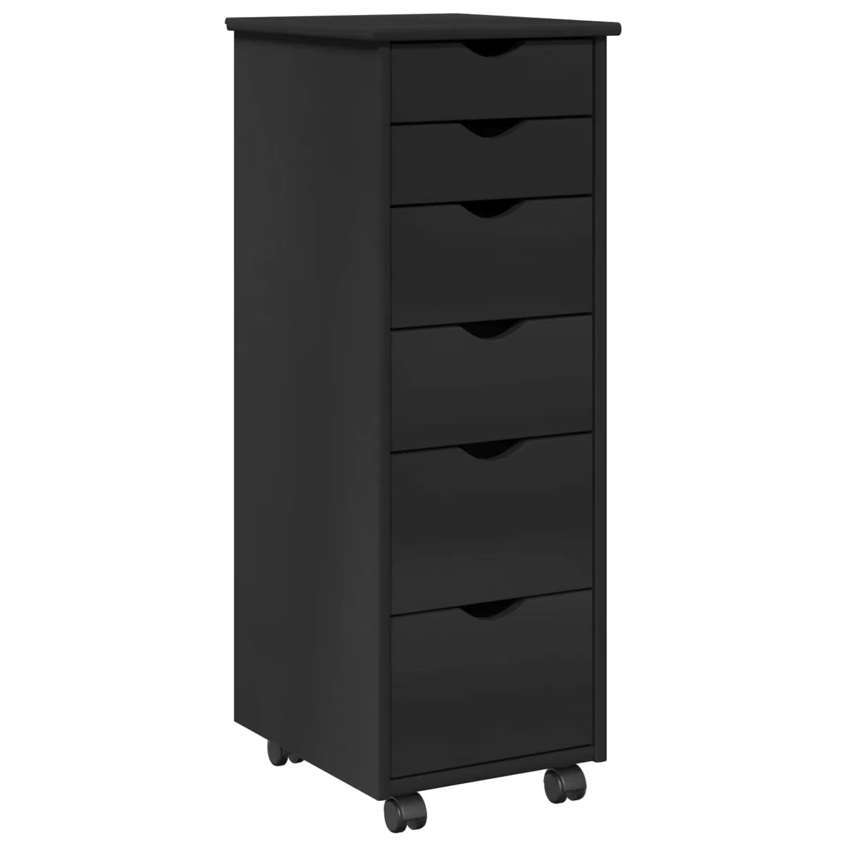 Rollcontainer Holz Schwarz mit 6 Schubladen, Mobiler Rollschrank 34 x 39 x 93,5 cm, Schubladenschrank aus Kiefer Massivholz für Büro, Arbeitszimmer und Wohnbereich