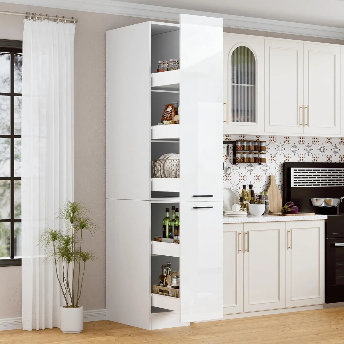 MSFE Küchenschrank Hochschrank mit Auszug, Schmal Apothekerschrank küche 30 cm breit, Schmaler Mehrzweckschrank, für Küche, Wohnzimmer, Esszimmer, Bad, 207 * 56 * 30cm, Hochglanzweiß
