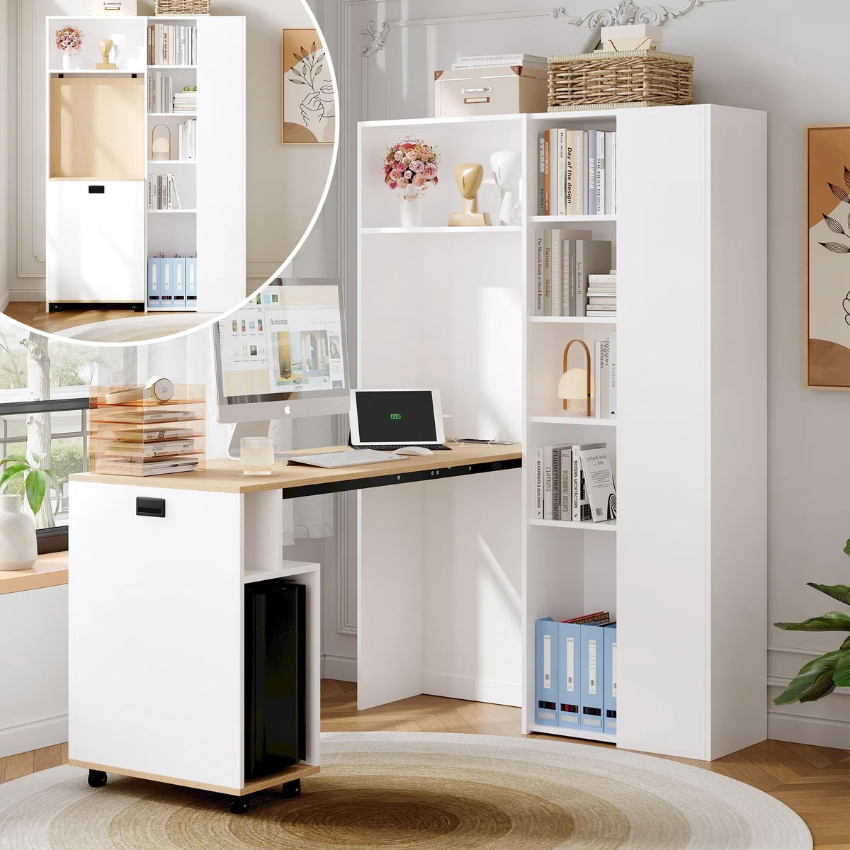 Klappbarer Schreibtisch mit Ablagen –2-in-1-Bücherregal und Schreibtisch, klappbar, mit Steckdose und USB-Anschluss, höhenverstellbare Ablagen, Kippschutz, weiß-Schreibtisch,Eck-Schreibtisch-rechts