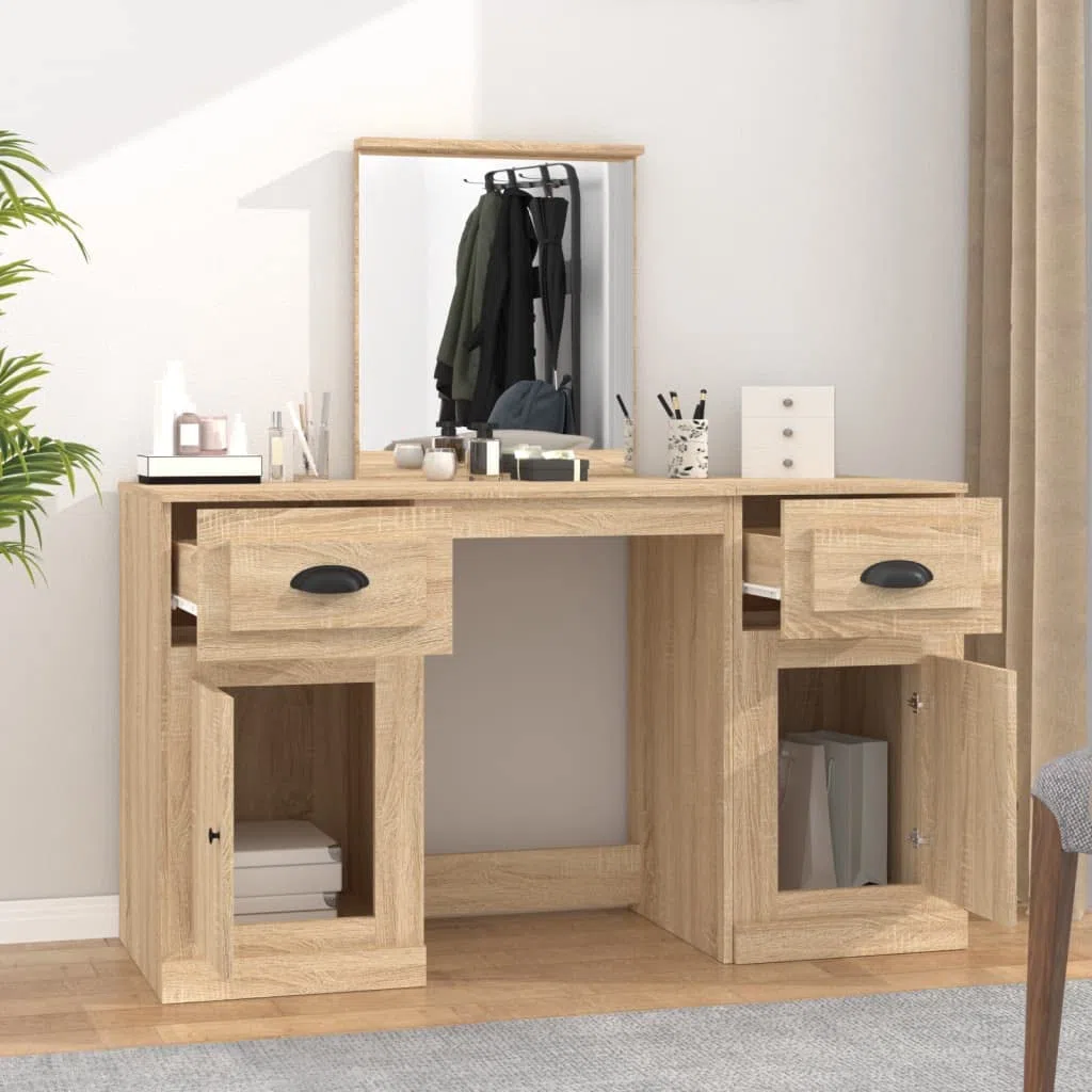 Schminktisch mit Spiegel Sonoma-Eiche 130x50x132,5 cm Holzwerkstoff Make-up Tisch Kosmetiktisch mit Stauraum und Wandhalterung für Schlafzimmer, Bad, Studio, Salon