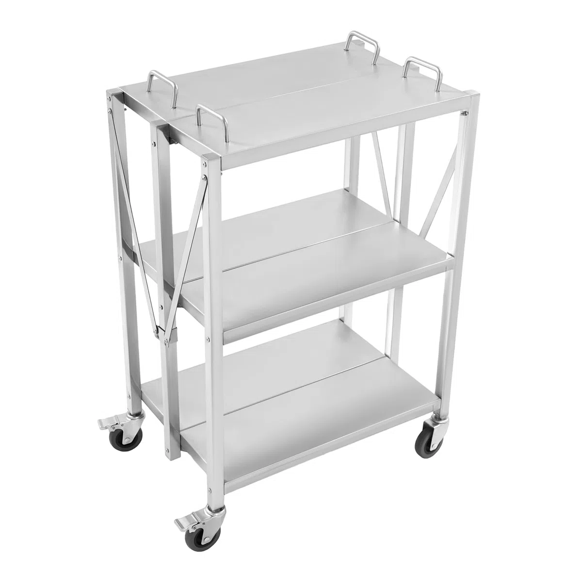 3 Borde Faltbarer Servierwagen, Klappbarer Küchenwagen, Küchenwagen aus Edelstahl, Hochbelastbare Edelstahlplatte, Hohe Tragfähigkeit kann in Küchen, Restaurants, Cafés, Bars 63x40x95 cm