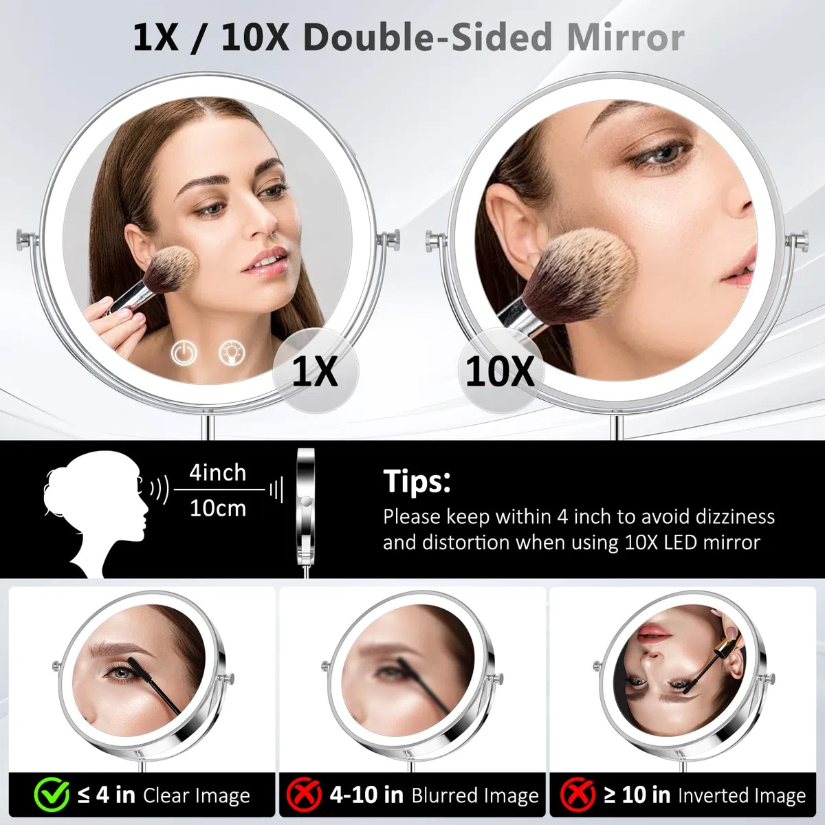 22,9 cm Make-up-Spiegel mit Lichtern, 5000 mAh wiederaufladbarer Kosmetikspiegel, 1 x 10 x doppelseitiger Vergrößerungsspiegel mit verstellbarer Höhe, 3 Farben, stufenloses Dimmen