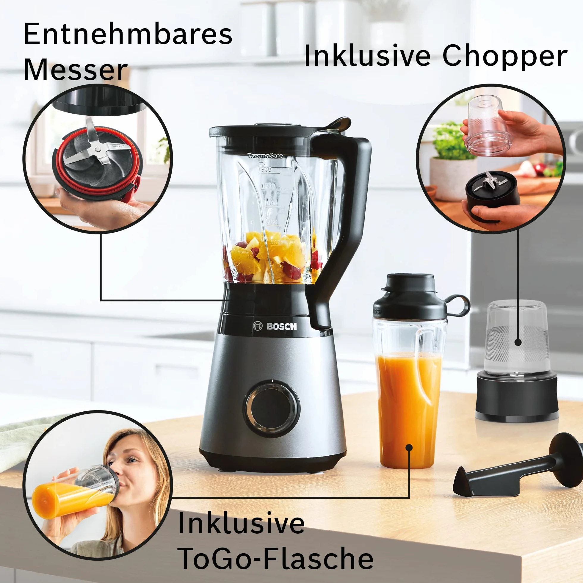Bosch Standmixer VitaPower Serie 4 MMB6177S, Edelstahl-Klingen Made in Germany, 1,5l ThermoSafe Glasbehälter, 0,6l To-Go-Flasche, 30,000 U/min, 1200 W, silber & Bosch ToGo-Flasche MMZBT01B, 0,6 L
