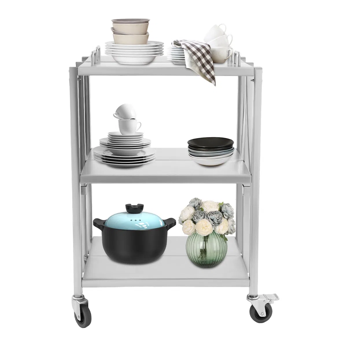 3 Borde Faltbarer Servierwagen, Klappbarer Küchenwagen, Küchenwagen aus Edelstahl, Hochbelastbare Edelstahlplatte, Hohe Tragfähigkeit kann in Küchen, Restaurants, Cafés, Bars 63x40x95 cm