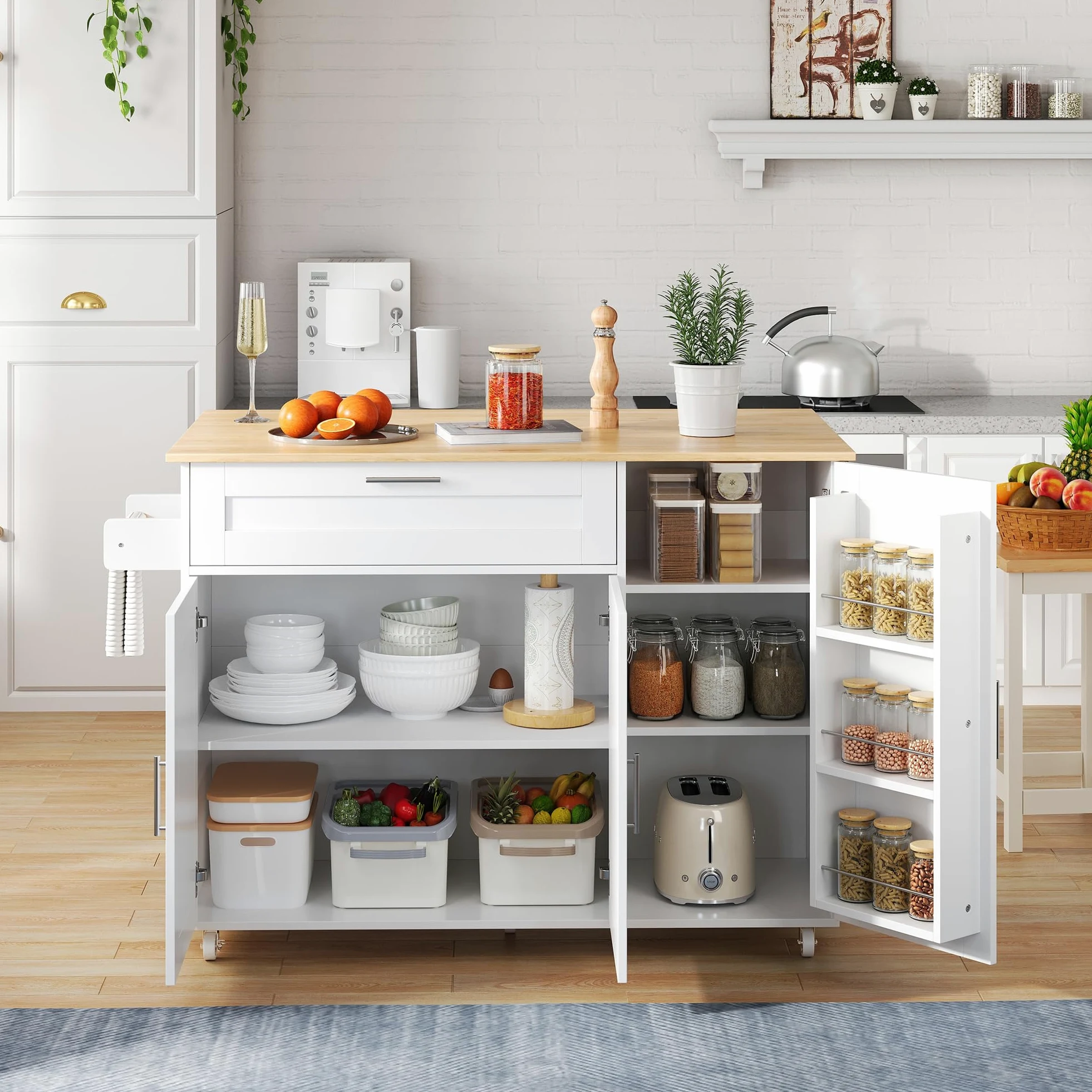 Kücheninselwagen mit abklappbarer Arbeitsplatte, Küchenschrank auf Rollen mit Schublade & Gewürzregal & 3 Türen, bewegliche Kücheninsel, für Küche und Esszimmer, 132.5x44(70) x90 cm (Weiß)