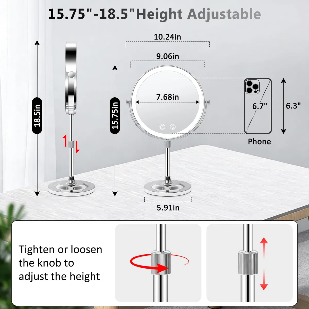 22,9 cm Make-up-Spiegel mit Lichtern, 5000 mAh wiederaufladbarer Kosmetikspiegel, 1 x 10 x doppelseitiger Vergrößerungsspiegel mit verstellbarer Höhe, 3 Farben, stufenloses Dimmen