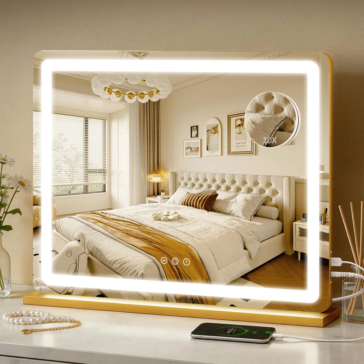 ROLOVE 58,4 x 45,7 cm goldener Kosmetikspiegel mit Lichtern, großer beleuchteter Make-up-Spiegel mit 10-facher Lupe, 3-farbige Beleuchtung und stufenloses Dimmen, Wandmontage oder