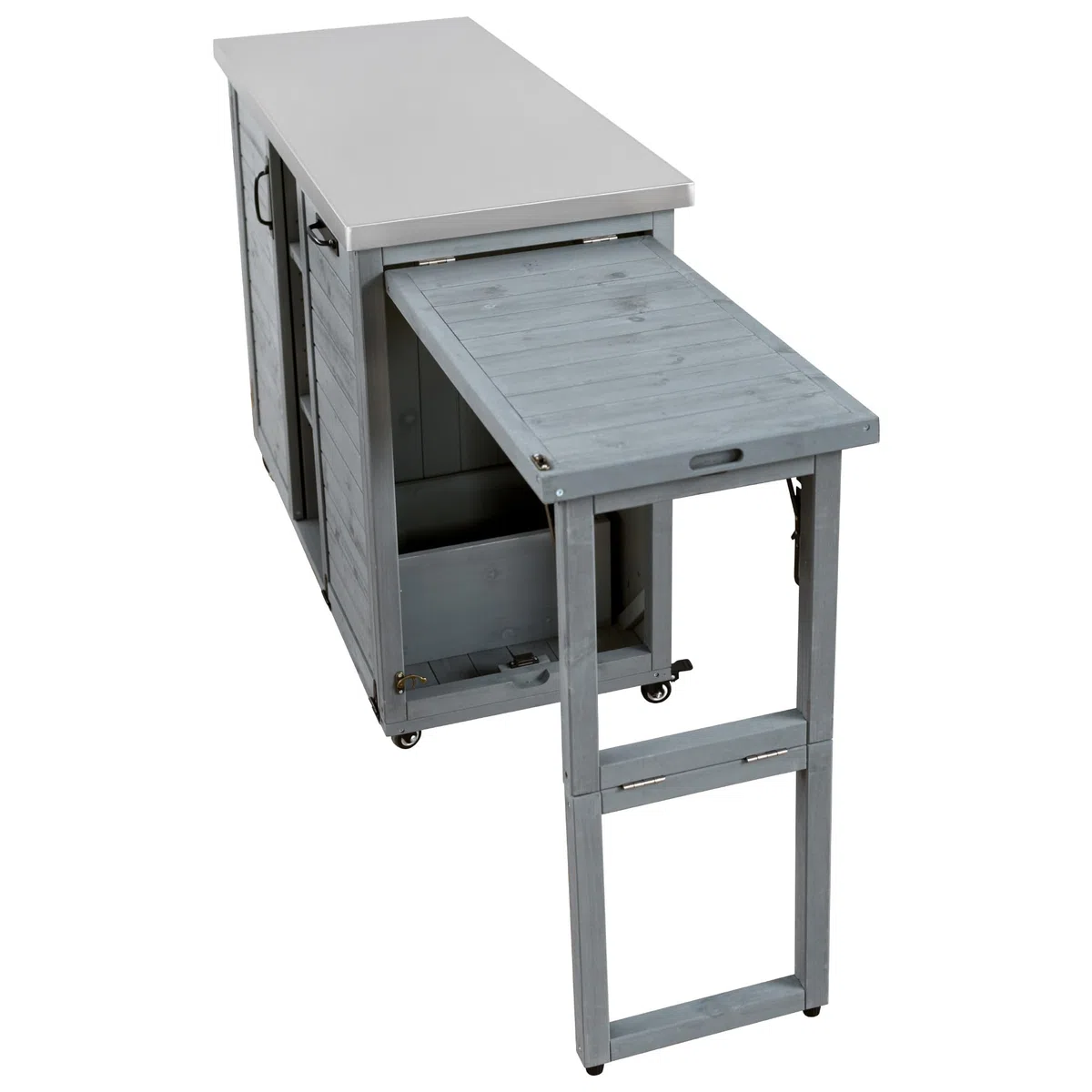 Faltbarer Grilltisch für den Außenbereich, 198,9 cm, tragbare Kücheninsel aus Holz mit Edelstahlplatte und Müllaufbewahrung, Barwagen für den Außenbereich, für Pizzaofen, Terrasse, Grillstation