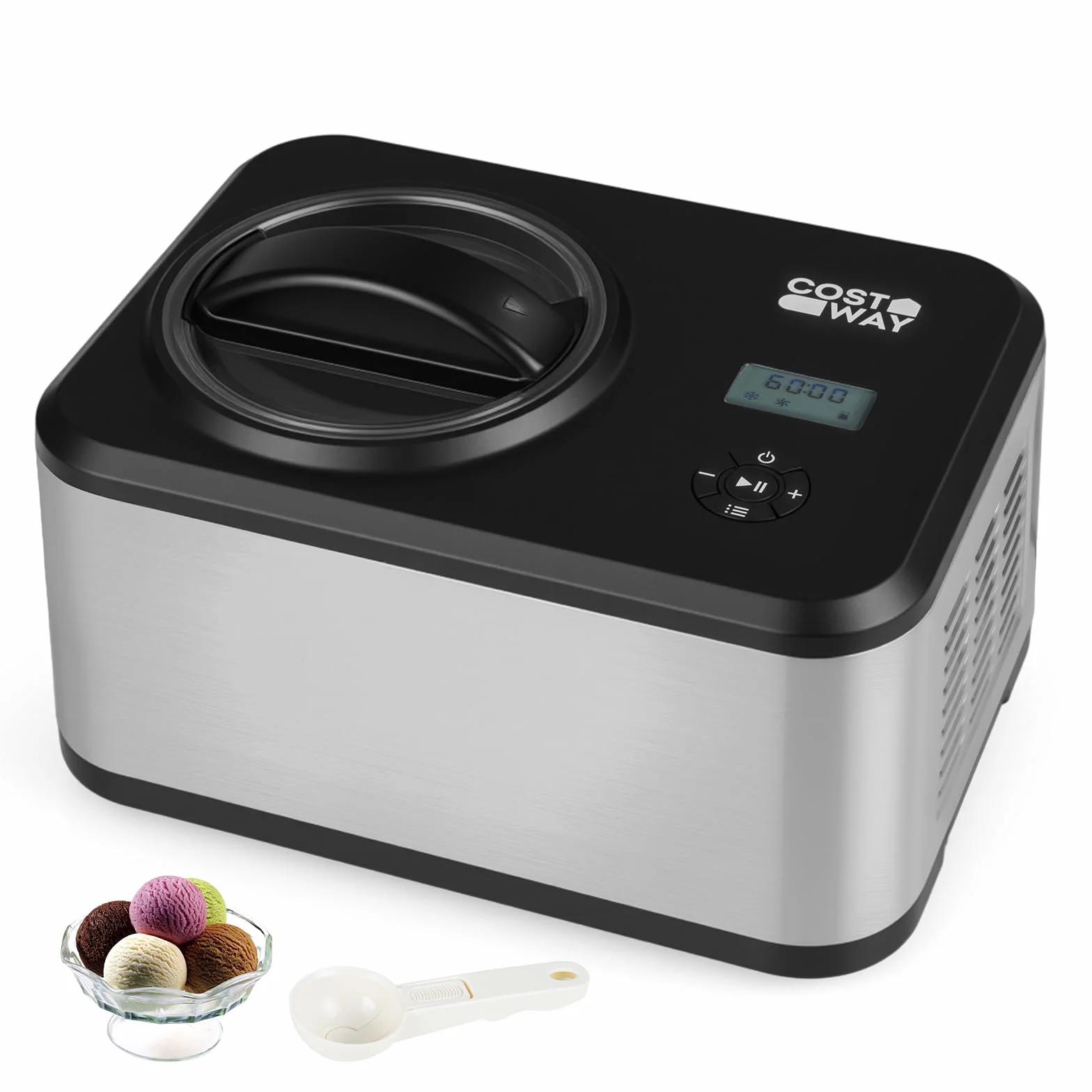 COSTWAY 2 in 1 Eismaschine mit Joghurtfunktion, Kompressor Eiscrememaschine 1,5 L für Eiscreme, Gelato & Joghurt, Icecream Maker mit LCD-Display, Timer & Rezeptheft