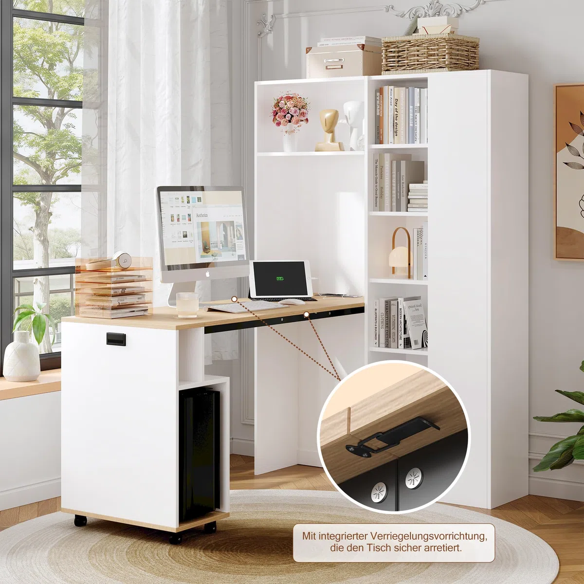 Klappbarer Schreibtisch mit Ablagen –2-in-1-Bücherregal und Schreibtisch, klappbar, mit Steckdose und USB-Anschluss, höhenverstellbare Ablagen, Kippschutz, weiß-Schreibtisch,Eck-Schreibtisch-rechts