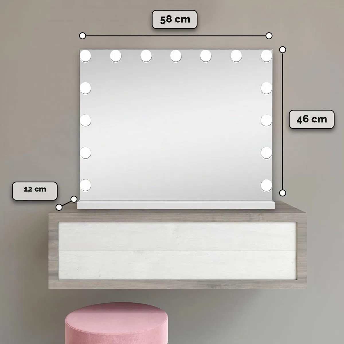 Bayt Schminkspiegel mit Beleuchtung – 15 LEDs, Touch, 58 x 46 cm