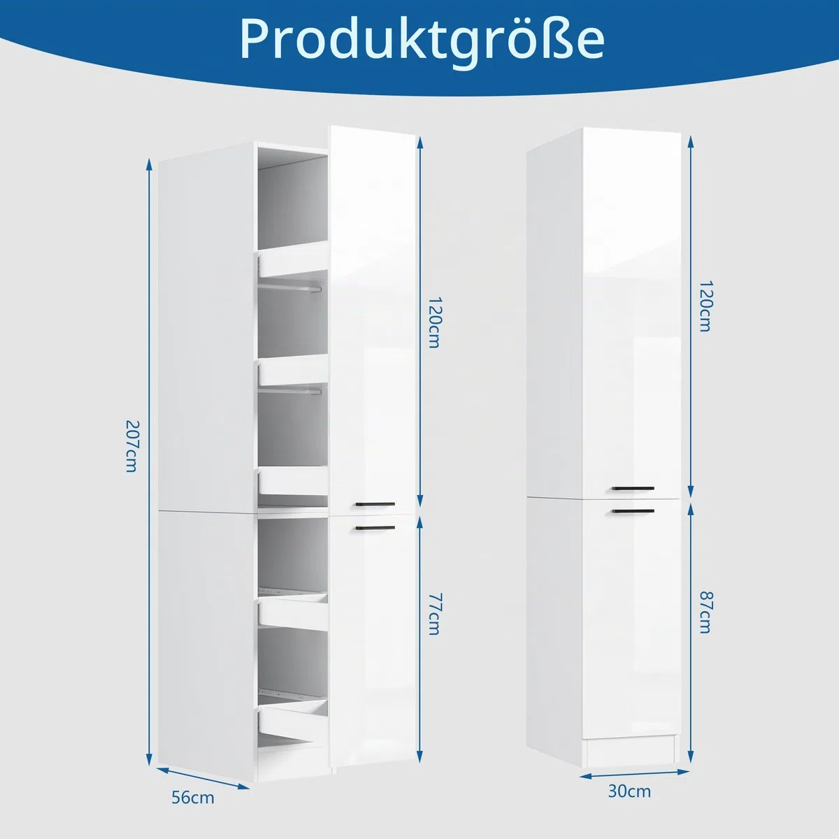 MSFE Küchenschrank Hochschrank mit Auszug, Schmal Apothekerschrank küche 30 cm breit, Schmaler Mehrzweckschrank, für Küche, Wohnzimmer, Esszimmer, Bad, 207 * 56 * 30cm, Hochglanzweiß