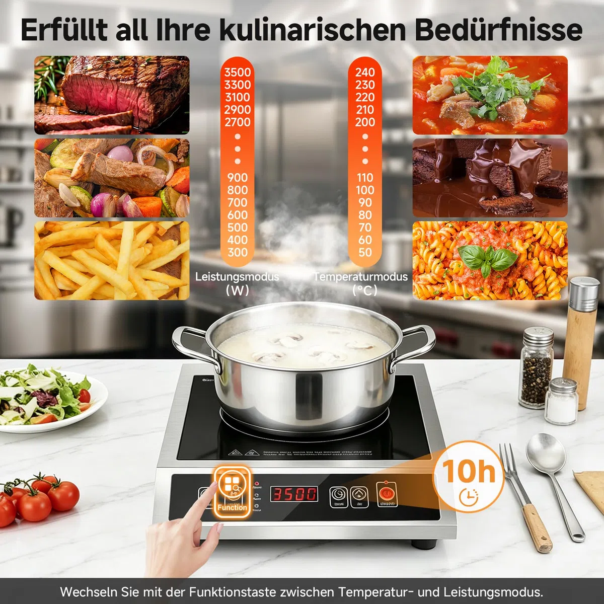 AMZCHEF Gewerbliches Induktionskochfeld 3500W, Induktionskochfeld 1 Platte, 21 Leistungs- & 20 Temperaturstufen, Edelstahlgehäuse, 10H-Timer, Geeignet für Professionelle Catering Küche Restaurant